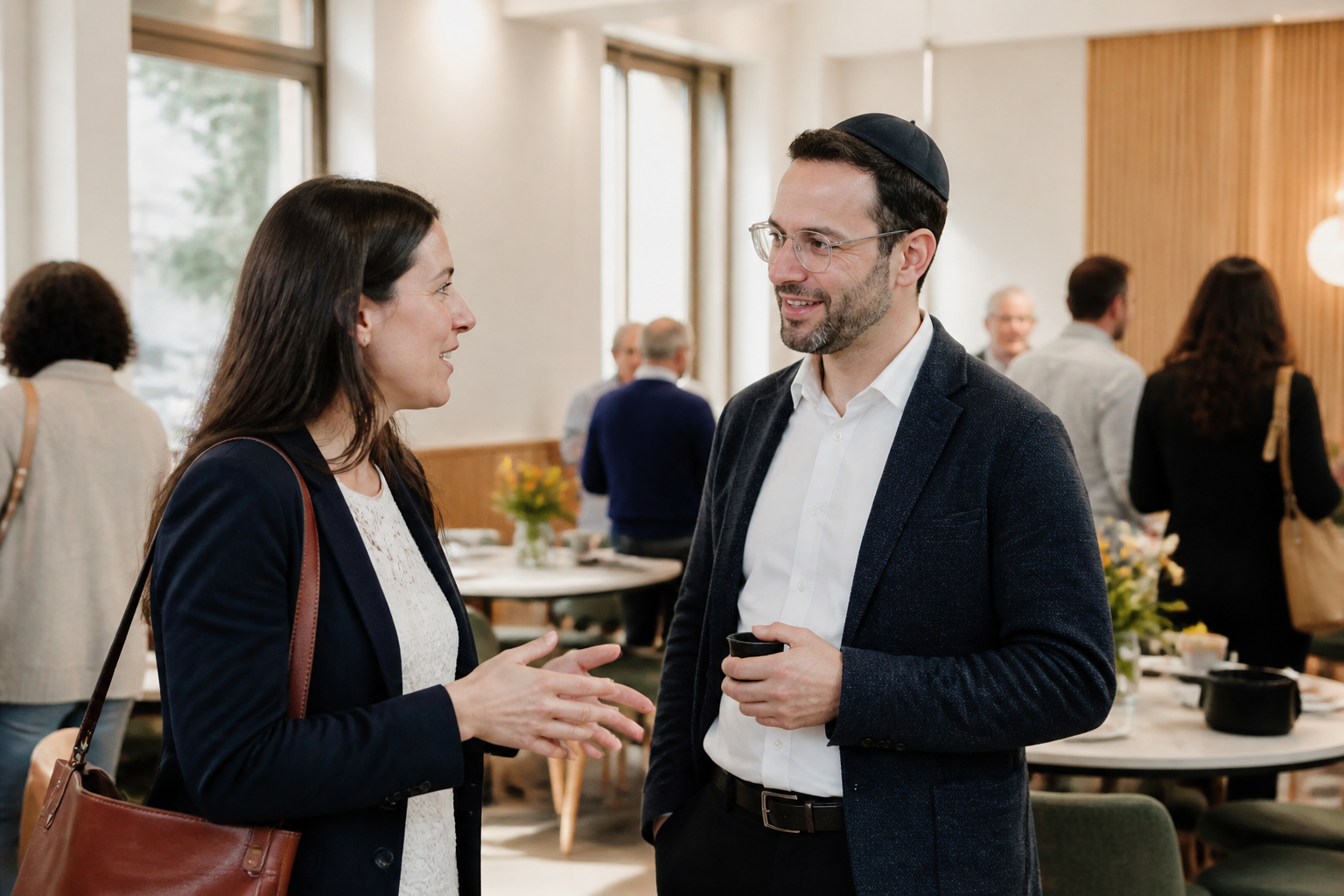 Two Temple Sholom community members in conversation at a gathering